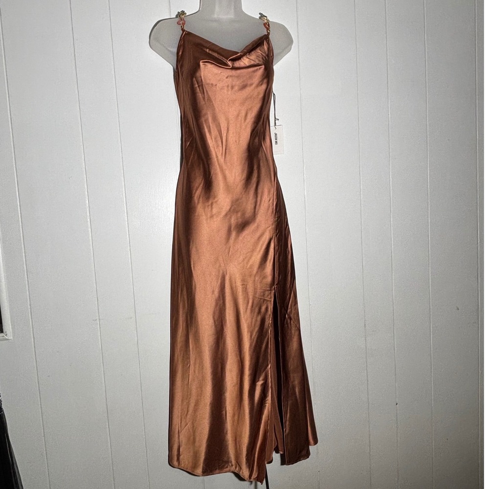 Jason Wu Lana Copper Rust Satin Cowl Neck Midi Slit Dress Resin Chain Straps‎ L